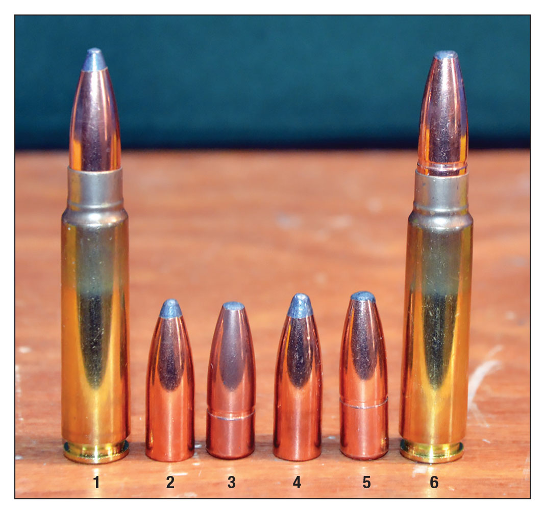 Great bullets for taking any game for which the 35-284 is suitable: (1) 35-284 loaded with Nosler 225-grain Partition, (2) Nosler 225-grain Partition, (3) Swift 225-grain A-Frame, (4) Speer 250-grain SPHC, (5) Swift 250-grain A-Frame and (6) 35-284 loaded with Swift 250-grain A-Frame.